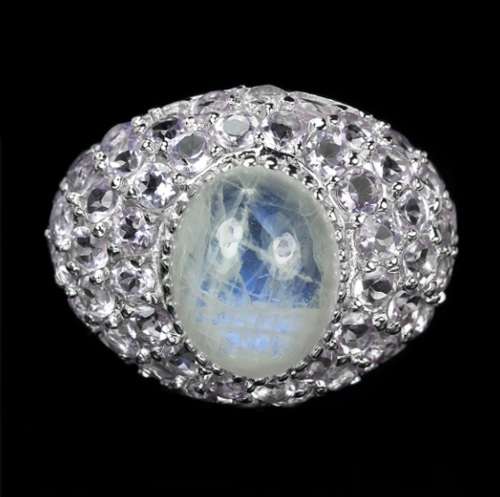 3.22 cts Natural Rainbow Moonstone, Purple Amethyst Solid .925 Silver Ring Size 8.5 or Q1/2