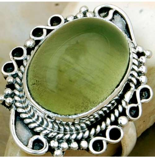 Natural Scottish Moss Prehnite Gemstone Antique Style Solid .925 Sterling Silver Ring Size US 8 or Q