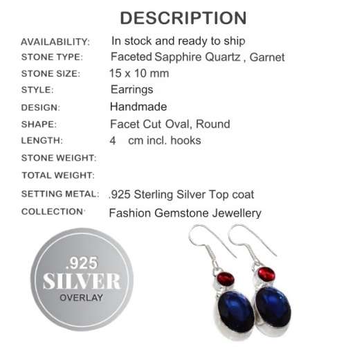 Hot Choice Sapphire Blue Quartz Gemstone 925 Silver Earrings