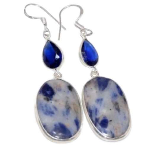 Natural Sodalite and Sapphire Quartz Gemstone  925 Sterling Silver Earrings