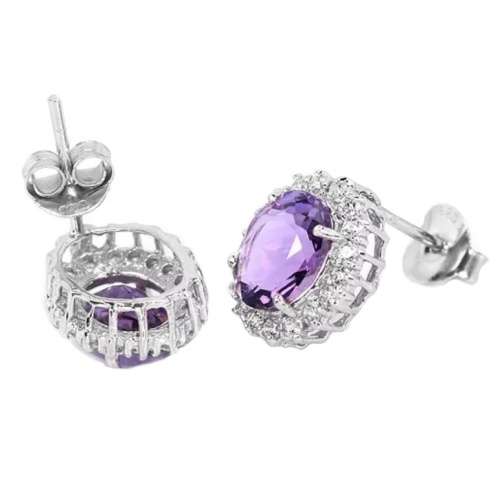 Natural Unheated Brazilian Purple Amethyst and White CZ in Solid .925 Sterling Silver Stud Earrings