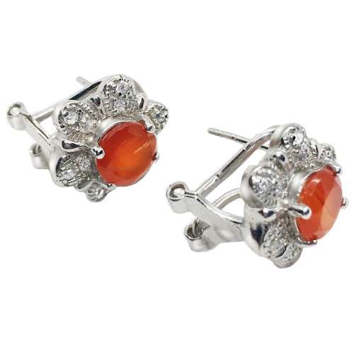 Natural Orange Fire Opal  and AAA White Cubic Zirconia Gemstone Solid .925 Sterling Silver Earrings