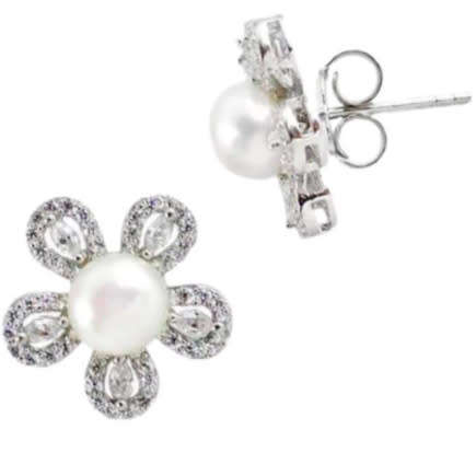 7.54 cts Natural White Pearl, White Topaz  set in Solid .925 Sterling Silver Earrings