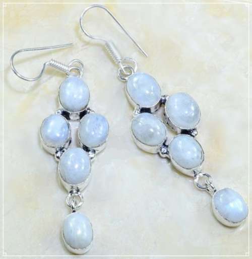 Exquisite Natural Rainbow Moonstone Ovals in 925 Sterling Silver Plated Long Dangle Earrings