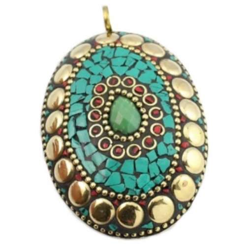 Nepali Natural Green Onyx, Turquoise, Coral Gemstone Solid Brass Pendant
