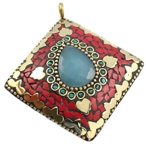 Natural Nepalese Turquoise, Coral, Chalcedony Gemstone set in Solid Brass Pendant