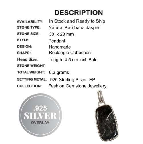 Natural African Kambaba Jasper Gemstone .925 Sterling Silver Pendant
