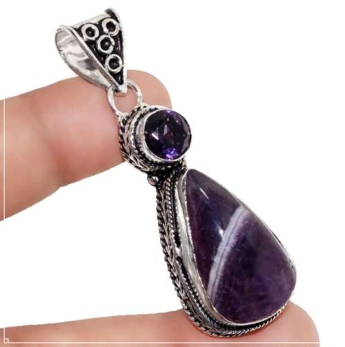 Natural Purple Banded Amethyst Gemstone set in .925 Sterling Silver Plated Antique Style Pendant