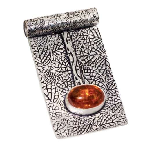 Antique Style Pressed Amber Gemstone and Embossed .925 Sterling Silver Plated Handmade Pendant