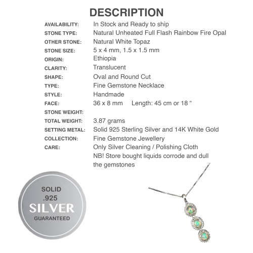 Deluxe  Unheated Rainbow Full Flash White Fire Opal Solid .925 Sterling Pendant Necklace