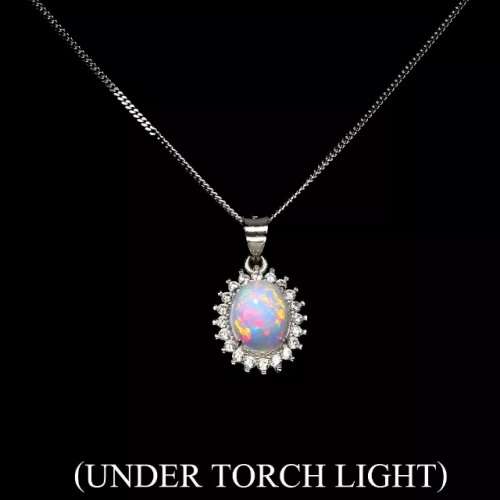Deluxe Unheated Full Flash Fire Opal, White Cubic Zirconia Solid.925 Sterling Silver Necklace