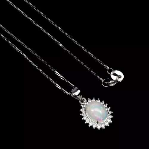 Deluxe Unheated Full Flash Fire Opal, White Cubic Zirconia Solid.925 Sterling Silver Necklace