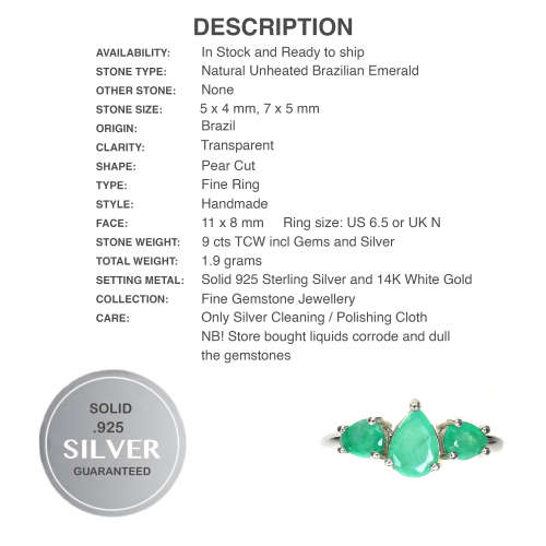Natural Unheated Brazilian Emerald Pears Solid .925 Silver 14k White Gold Size 6.5 or N