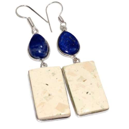 Natural Lapis Lazuli and Maligano Jasper Gemstone .925 Sterling Silver Plated Handmade Earrings