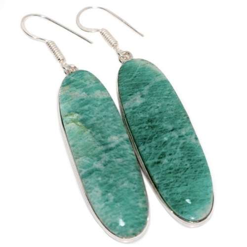 Xtra Long Natural Peruvian Amazonite Oval Gemstone in .925 Sterling Silver Plated Handmade Earrings