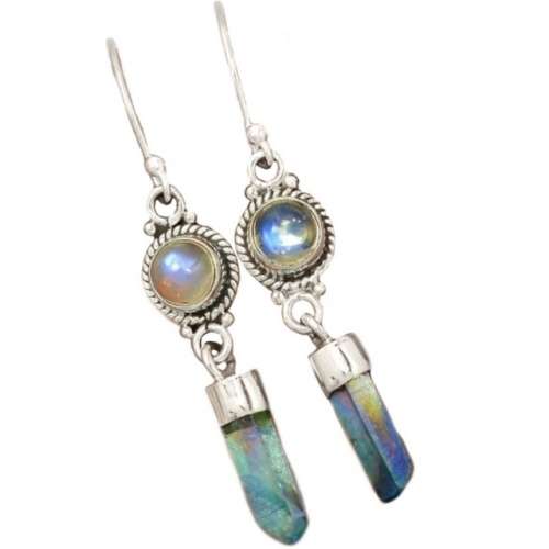 Natural Aqua Aura Quartz and Rainbow Moonstone Gemstone set in Solid .925 Sterling Silver Earrings
