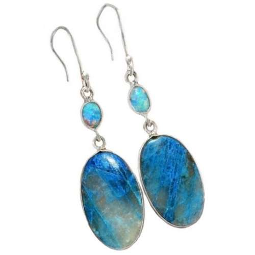 Natural Lightning Azurite in Quartz, Fire Opal set in Solid .925 Sterling Silver Earrings