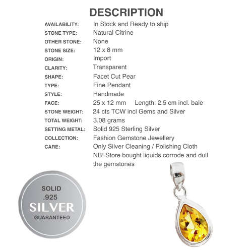 4 Cts Natural Pear Shape Citrine Gemstone set in Solid .925 Sterling Silver Pendant