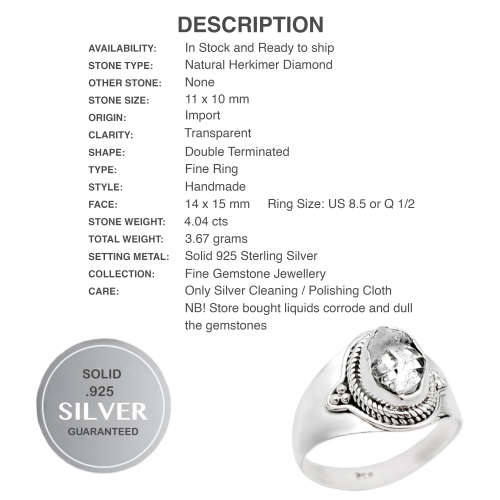 Natural Herkimer Diamond set in Solid Sterling Silver Ring Size US 8.5 or Q1/2