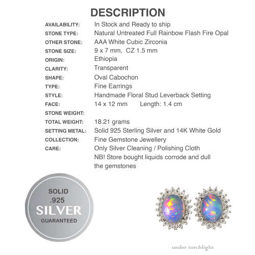 Natural Unheated Rainbow White Fire Opal set in  Solid .925 Sterling Silver 14K White Gold Earrings