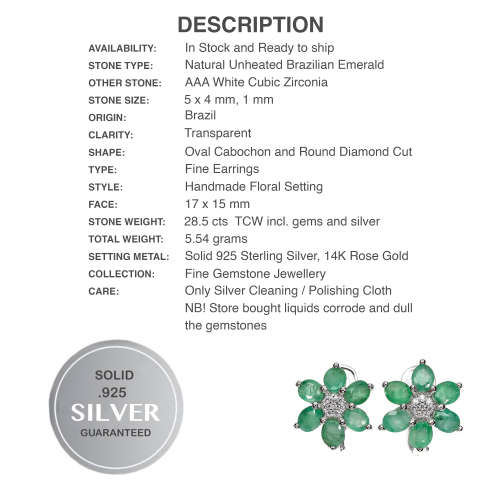 Natural Unheated Brazilian Emerald White CZ Solid .925 Sterling Silver 14k White Gold Earrings