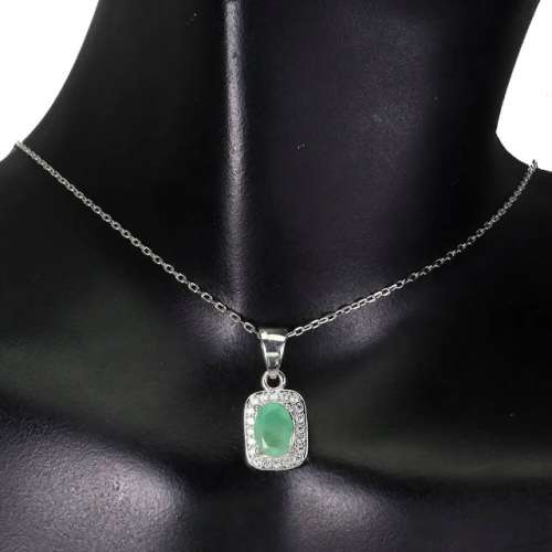 Exquisite Natural Unheated Brazilian Emerald Solid .925 Sterling Silver 14k White Gold Necklace