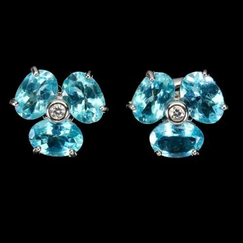 Natural Unheated Apatite, White Cubic Zirconia Gemstone Solid .925 Silver 14K White Gold Earrings