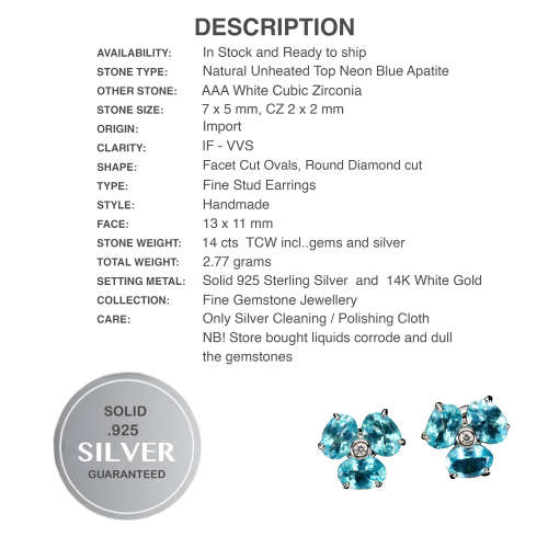 Natural Unheated Apatite, White Cubic Zirconia Gemstone Solid .925 Silver 14K White Gold Earrings