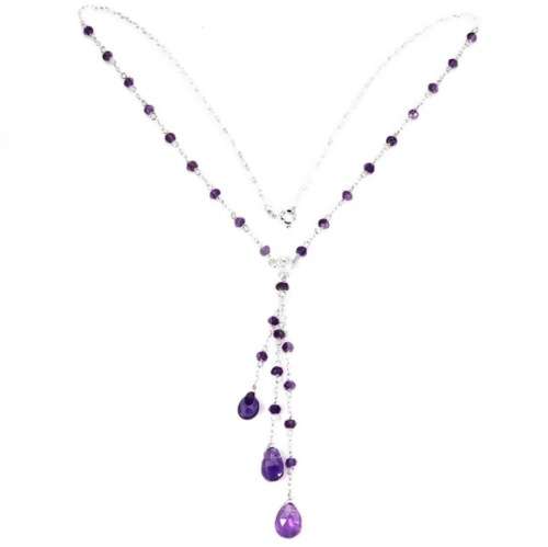 Handmade Authentic Purple Amethyst Briolette Gemstones in Solid .925 Silver 14K White Gold Necklace