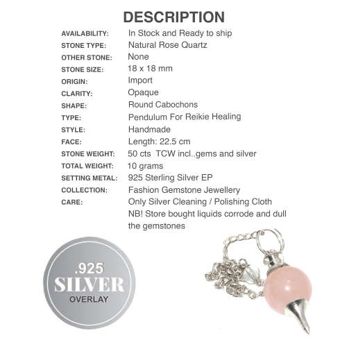 Natural Rose Quartz Reiki Healing .925 Sterling Silver Pendulum