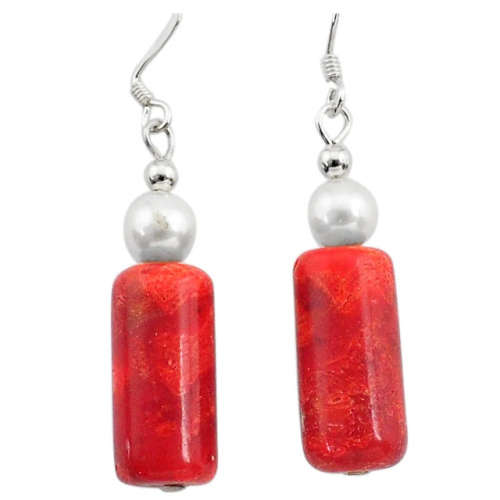 15.86 cts Natural Red Sponge Coral, White Pearl in Solid .925 Sterling Silver Earrings