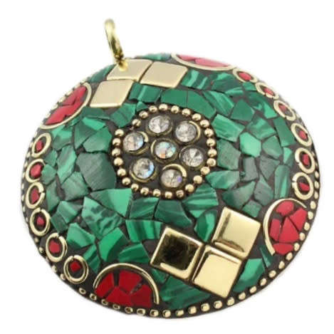 NepalI Natural Malachite, Coral Gemstone set in Solid Brass Pendant