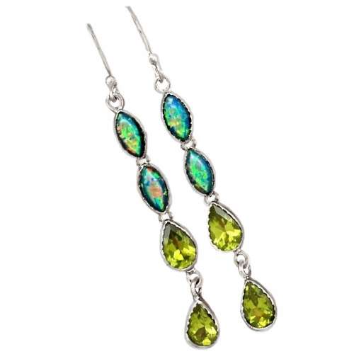 Natural Peridot, Green Fire Opal Gemstone  set in Solid .925 Sterling Silver Earrings
