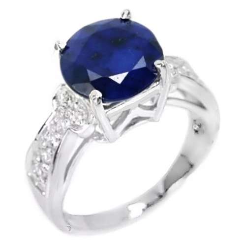 Deluxe Natural Blue Sapphire & White Cubic Zirconia in Solid 925 Silver 14K W/Gold Ring Size 6.5 /N