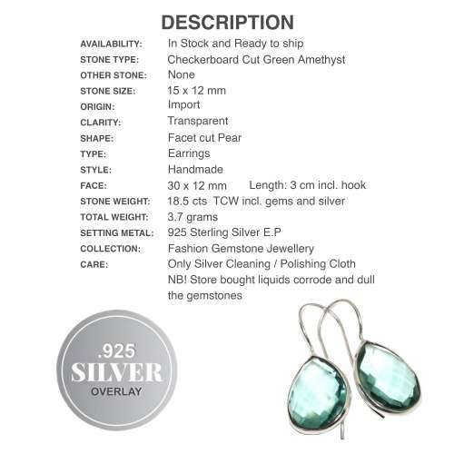 Handmade Green Amethyst Pear Shape Gemstone .925 Sterling Silver Earrings