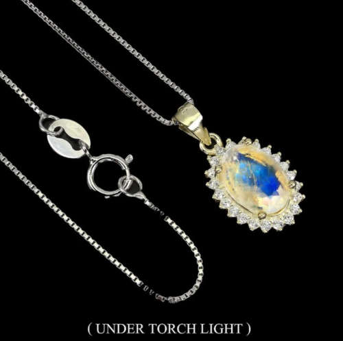 Natural Unheated Rainbow Moonstone, White Cubic Zirconia in Solid .925 Sterling Silver Necklace
