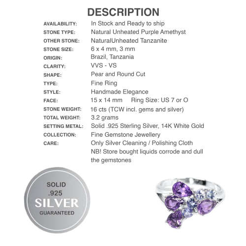 Natural Unheated Purple Amethyst and Tanzanite Solid .925 Silver 14K White Gold Ring Size 7 or O
