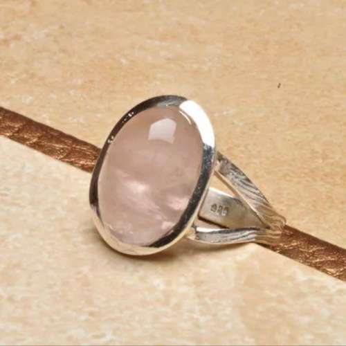 Natural Rose Quartz Gemstone Solid .925 Sterling Silver Ring Size 7.5 or P