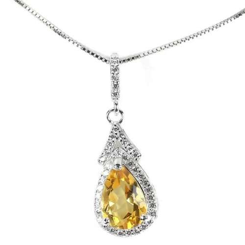 Deluxe Natural Unheated Citrine, White Cubic Zirconia Gemstone  Solid .925 Sterling Silver Necklace