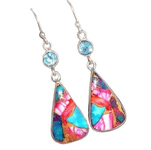 Natural Kingman Pink Dahlia Turquoise and Blue Topaz Gemstone in Solid .925 Sterling Silver Earrings