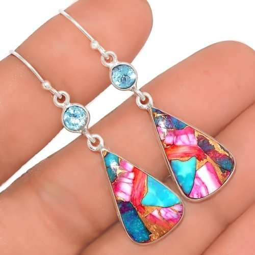 Natural Kingman Pink Dahlia Turquoise and Blue Topaz Gemstone in Solid .925 Sterling Silver Earrings