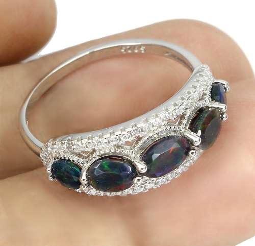 Natural Unheated Rainbow Black Fire Opal, White CZ  set in Solid 925 Sterling Silver Ring Sz 9.5