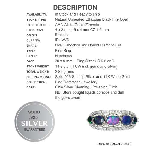 Natural Unheated Rainbow Black Fire Opal, White CZ  set in Solid 925 Sterling Silver Ring Sz 9.5
