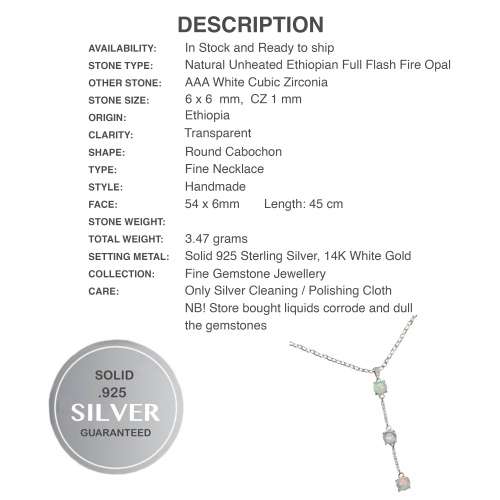 Deluxe Unheated Rainbow Full Flash Rainbow Fire Opal Solid .925 Sterling 14K W Gold Necklace