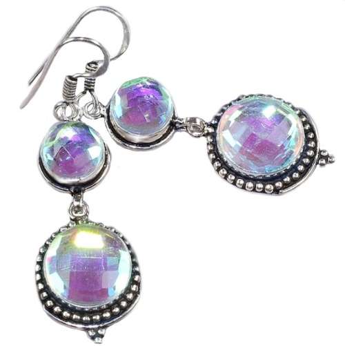 Aqua Pink Mystic Fire Topaz Round Checkerboard Cut in .925 Sterling Silver Plated Handmade Earrings