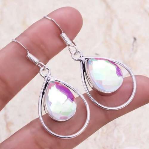 Aqua Pink Pear Mystic Fire Topaz Pear Shape in .925 Sterling Silver Plated Handmade Earrings
