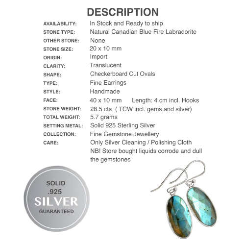 Natural Blue Fire Labradorite Oval Shape Solid .925 Sterling Silver Earrings