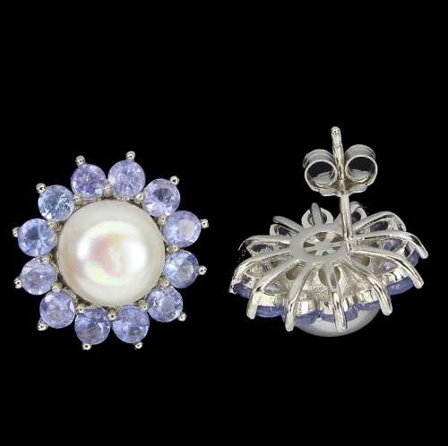 Rare Natural Unheated Tanzanite and White Pearl Solid .925 Silver & White Gold Stud Earrings
