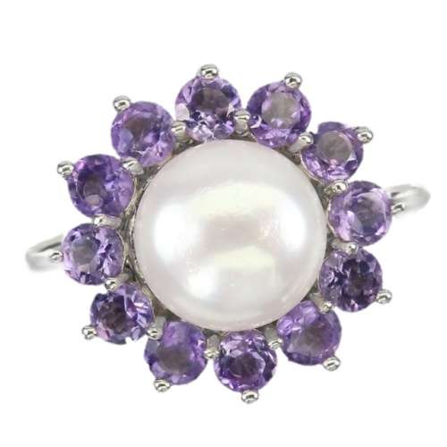12 Natural Unheated Purple Amethyst and White Pearl Solid .925 Silver 14K White Gold Ring 7 / O