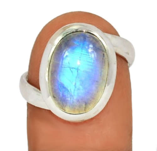 Natural Blue Schiller Rainbow Moonstone set in Solid .925 Sterling Silver Ring Size US 7 or O